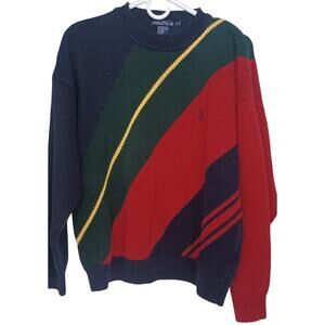 Vintage 90s Nautica Colorblock Crewneck Sweater Medium Linen Cotton Blend Preppy